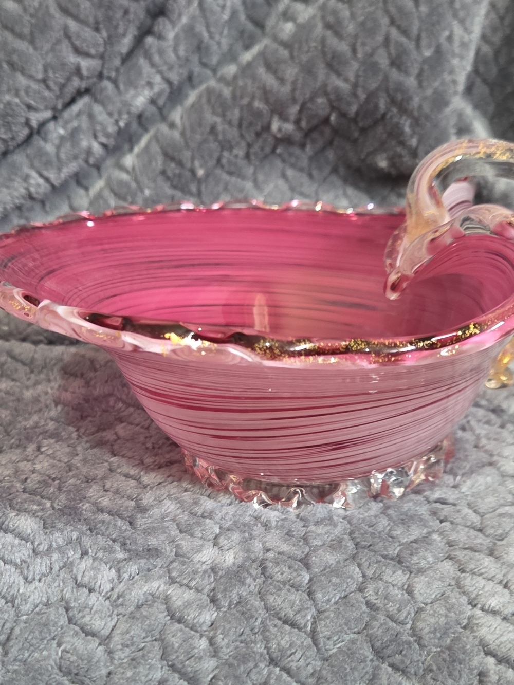 Vintage Murano Golden Crown Italy Hand-Blown Pink Swirl Glass Nappy Basket Bowl